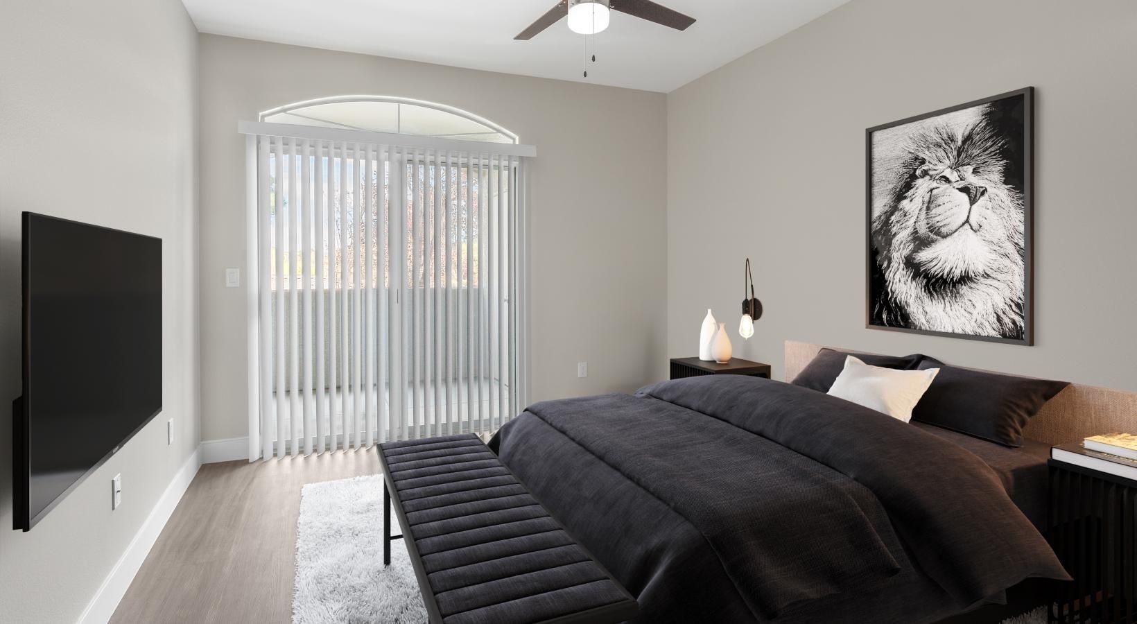 Settle into comfort at FireSkye a bedroom with a bed and a tv